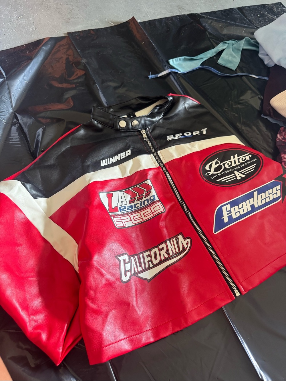 Racing Patchwork Faux Leather Jacket in Red, Black & White